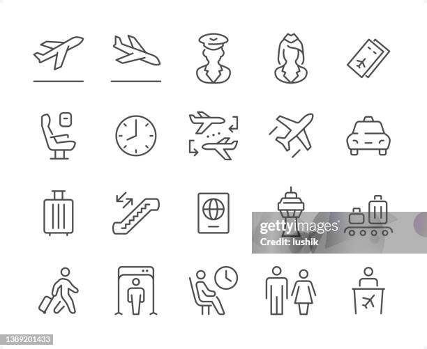 ilustrações, clipart, desenhos animados e ícones de conjunto de ícones do aeroporto. peso de derrame editável. ícones perfeitos para pixels. - aeroplane