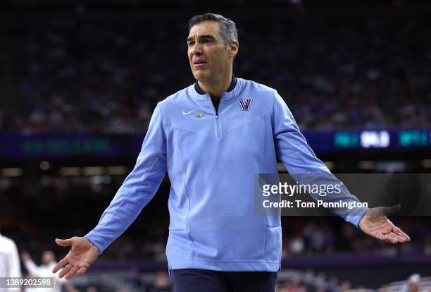 Head coach Jay Wright of the Villanova Wildcats reacts in the second half of the game against the Kansas Jayhawks during the 2022 NCAA Men's...