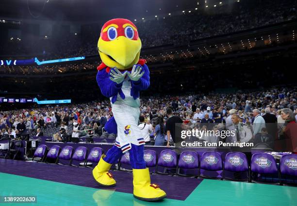 The Kansas Jayhawks mascot performs for the crowd on the sidelines in the second half of the game against the Villanova Wildcats during the 2022 NCAA...