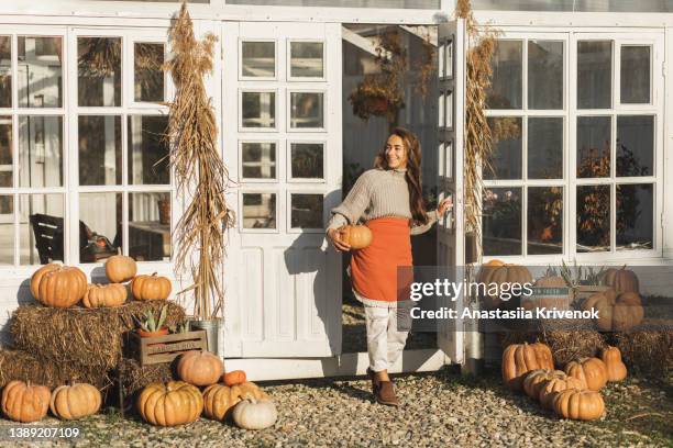 woman on a harvest festival at pumpkin farm. - erntefest stock-fotos und bilder