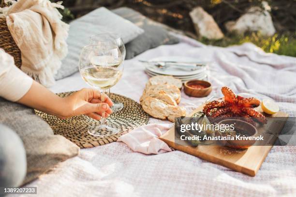 summer picnic with grilled octopus and dry white wine. - manta de picnic fotografías e imágenes de stock