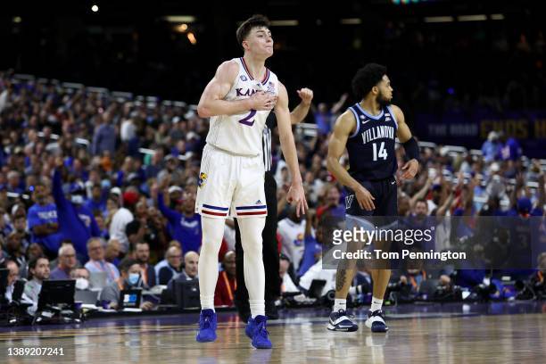 Christian Braun of the Kansas Jayhawks reacts in the second half of the game against the Villanova Wildcats during the 2022 NCAA Men's Basketball...