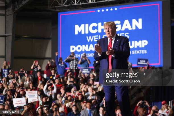 Former President Donald Trump arrives at a rally on April 02, 2022 near Washington, Michigan. Trump is in Michigan to promote his America First...