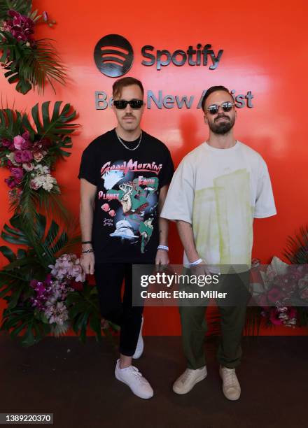 James Hunt and Jon George of Rüfüs Du Sol attend the Spotify Best New Artist Brunch at Encore Beach Club at Wynn, Las Vegas on April 02, 2022 in Las...