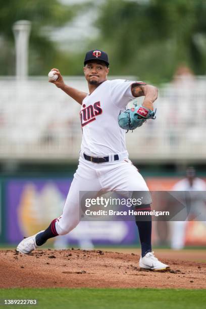 Chris Archer of the Minnesota Twins pitches during a spring training game against the Atlanta Braves on April 1, 2022 at the Hammond Stadium in Fort...