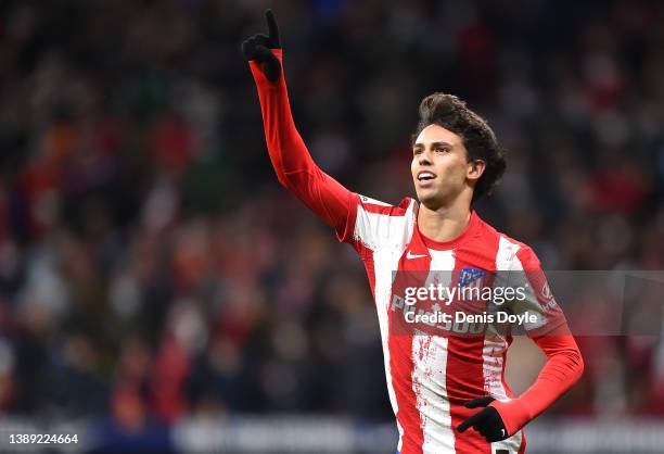 Joao Felix of Atletico de Madrid celebrates after scoring their team's first goal during the LaLiga Santander match between Club Atletico de Madrid...