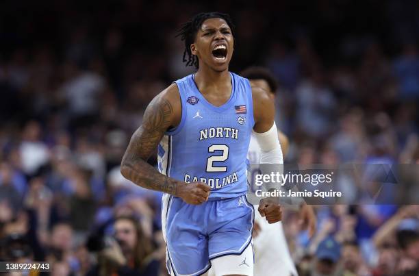 Caleb Love of the North Carolina Tar Heels reacts in the second half of the game against the Duke Blue Devils during the 2022 NCAA Men's Basketball...