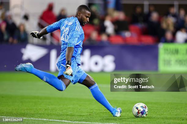 Bill Hamid of D.C. United kicks the ball against the Atlanta United during the second half of the MLS game at Audi Field on April 2, 2022 in...