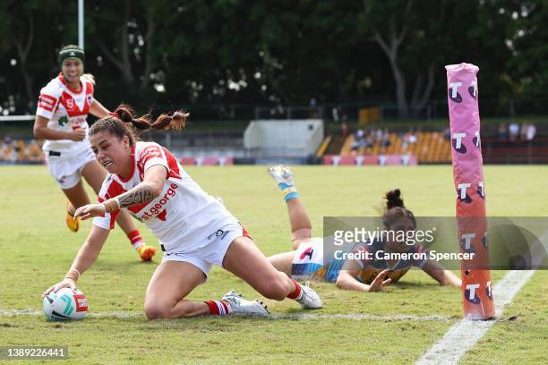 Madison Bartlett of the Dragons scores a try during the NRLW Semi Final match between the St George Illawarra Dragons and the Gold Coast Titans at...