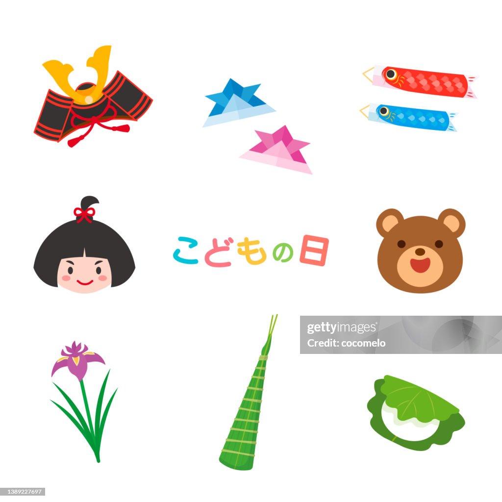 Traditional Japanese Culture, Children's Day. Kintaro, Bear, Kabuto, Carp Streamer, kashiwamochi, Iris, Chimaki, Origami.