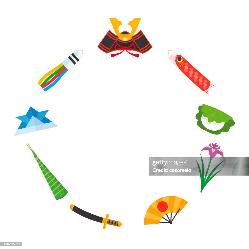 Traditional Japanese Culture, Children's Day. Circle Frame, Kabuto, Carp Streamer, kashiwamochi, Iris, Folding Fan, Katana, Chimaki, Origami.
