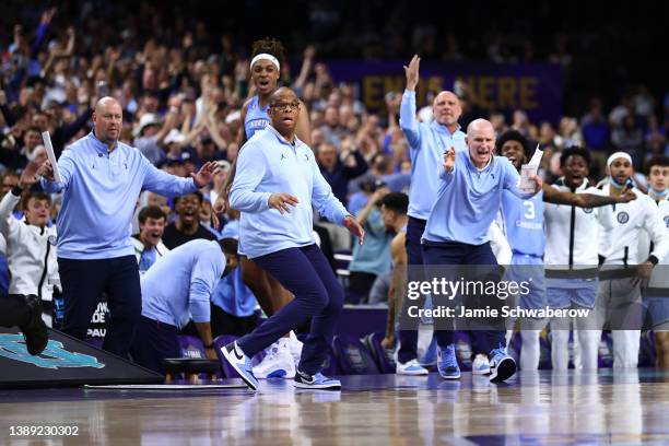 Head coach Hubert Davis of the North Carolina Tar Heels reacts after a play against the Duke Blue Devils during the second half in the semifinal game...