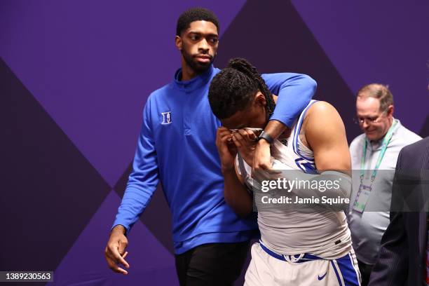 Trevor Keels of the Duke Blue Devils walks off the court after being defeated by the North Carolina Tar Heels 81-77 in the second half of the game...