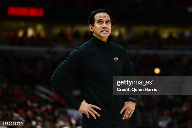 Head coach Erik Spoelstra of Miami Heat looks on in the second half against the Chicago Bulls at United Center on April 02, 2022 in Chicago,...