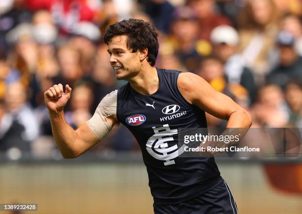 Jack Silvagni of the Blues celebrates after scoring a goal during the round three AFL match between the Carlton Blues and the Hawthorn Hawks at...