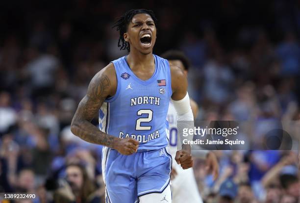 Caleb Love of the North Carolina Tar Heels reacts in the second half of the game against the Duke Blue Devils during the 2022 NCAA Men's Basketball...