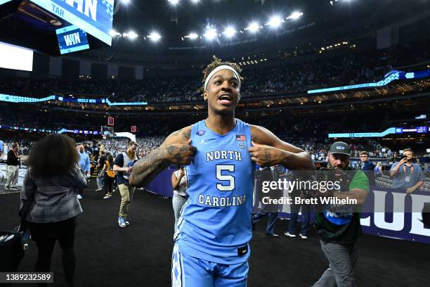 Armando Bacot of the North Carolina Tar Heels celebrates a win against the Duke Blue Devils during the second half in the semifinal game of the 2022...