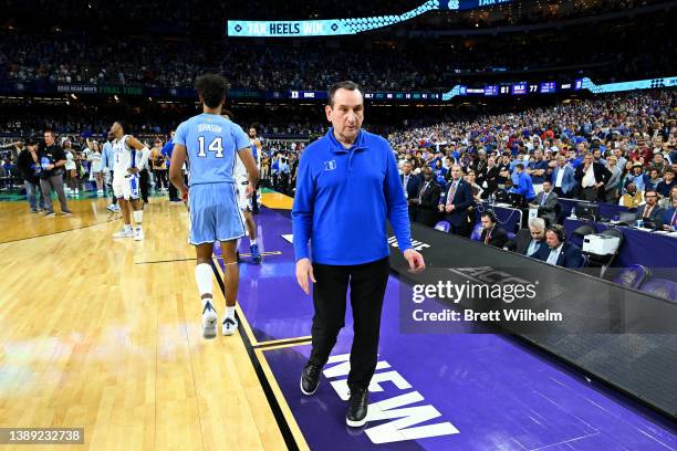 Head coach Mike Krzyzewski of the Duke Blue Devils walks off the court after a loss to the North Carolina Tar Heels during the semifinal game of the...