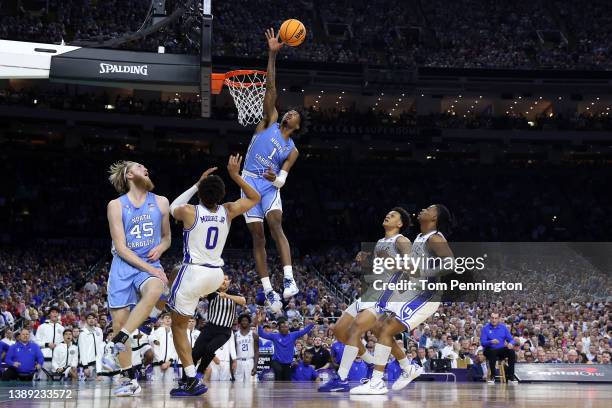 Leaky Black of the North Carolina Tar Heels jumps for the ball in the second half of the game against the Duke Blue Devils during the 2022 NCAA Men's...
