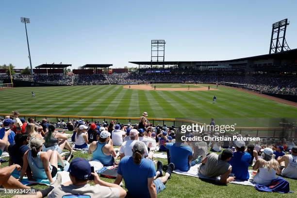 General view of action during the MLB spring training game between the Chicago Cubs and the Los Angeles Angels at Sloan Park on April 02, 2022 in...