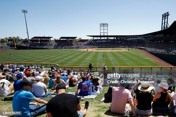 General view of action during the MLB spring training game between the Chicago Cubs and the Los Angeles Angels at Sloan Park on April 02, 2022 in...