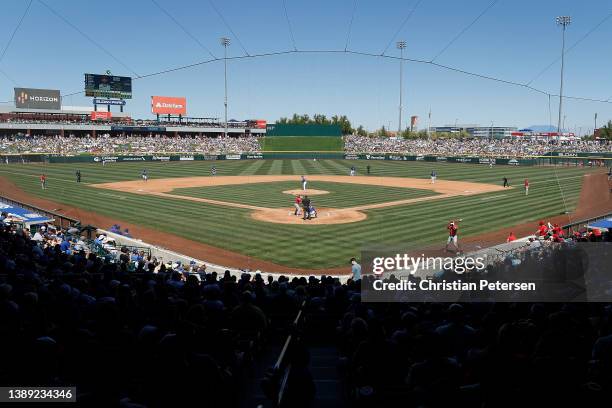 General view of action during the MLB spring training game between the Chicago Cubs and the Los Angeles Angels at Sloan Park on April 02, 2022 in...