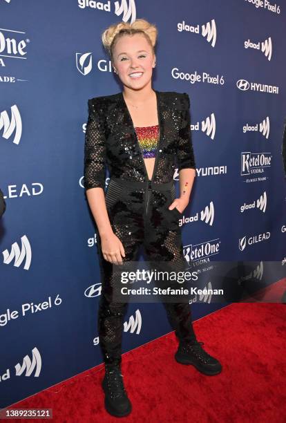 JoJo Siwa attends The 33rd Annual GLAAD Media Awards at The Beverly Hilton on April 02, 2022 in Beverly Hills, California.