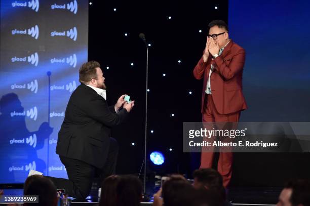 Zeke Smith proposes to Nico Santos onstage during The 33rd Annual GLAAD Media Awards at The Beverly Hilton on April 02, 2022 in Beverly Hills,...
