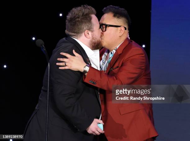 Zeke Smith proposes to Nico Santos onstage during The 33rd Annual GLAAD Media Awards at The Beverly Hilton on April 02, 2022 in Beverly Hills,...