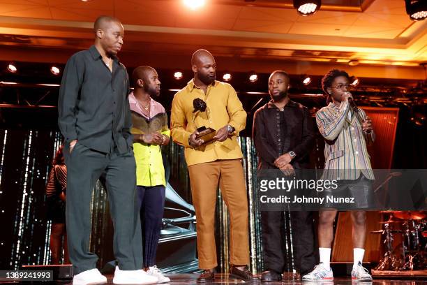 Honorees Tunde Balogun, Carlon Ramong, Sean Famoso McNichol, Junia Abaidoo, and Justice Baiden of LVRN accept an award onstage during the Recording...