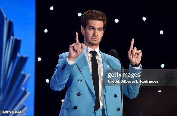 Andrew Garfield speaks onstage during The 33rd Annual GLAAD Media Awards at The Beverly Hilton on April 02, 2022 in Beverly Hills, California.