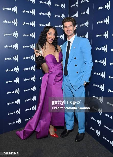 Michaela Jaé Rodriguez, recipient of GLAAD's Stephen F Kolzak Award, and Andrew Garfield attend The 33rd Annual GLAAD Media Awards at The Beverly...