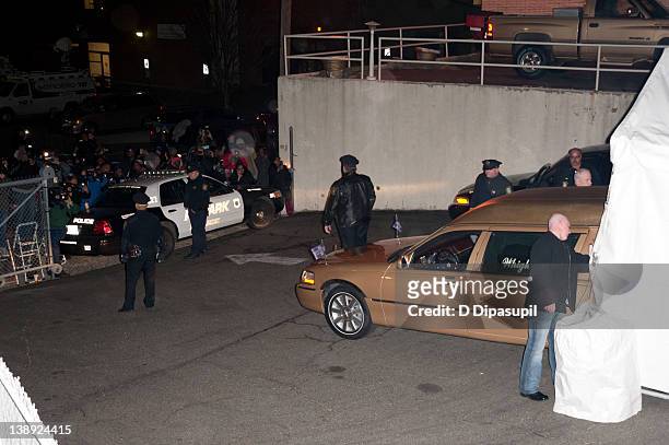 Whitney Houston's body arrives at Whigham Funeral Home ahead of her funeral in New Jersey on February 13, 2012 in Newark, New Jersey.