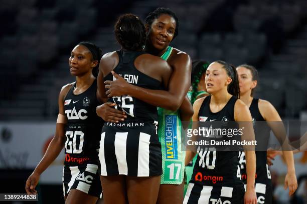 Jhaniele Fowler of the Fever hugs Shimona Nelson of the Magpies after the round two Super Netball match between Collingwood Magpies and West Coast...