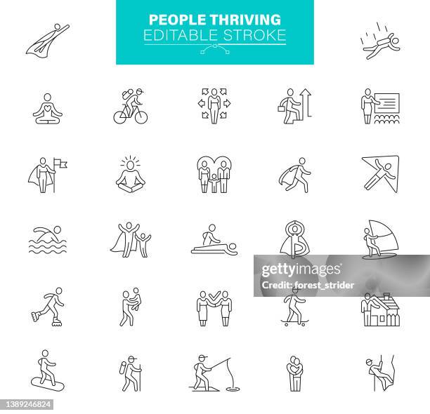 thriving people icons editable stroke. the set contains icons: leadership, learning, career, skill, motivation, moving up, personal growth, success, competition - creative fishing stock illustrations