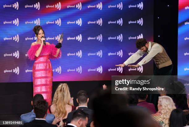 Honoree Kacey Musgraves accepts the 'Vanguard Award' from Ben Platt onstage during The 33rd Annual GLAAD Media Awards at The Beverly Hilton on April...