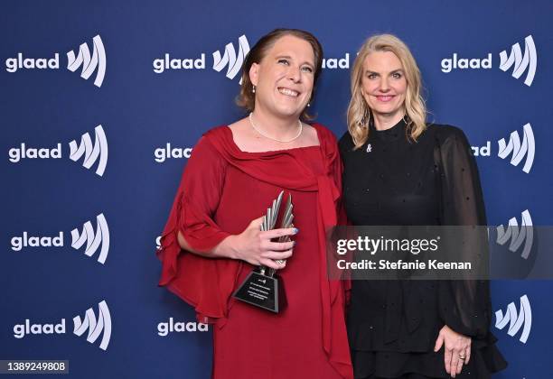 Amy Schneider and GLAAD President and CEO Sarah Kate Ellis attend The 33rd Annual GLAAD Media Awards at The Beverly Hilton on April 02, 2022 in...