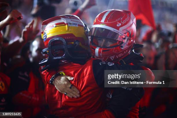 Race winner Charles Leclerc of Monaco and Ferrari celebrates with team-mate Carlos Sainz of Spain and Ferrari in parc ferme after the F1 Grand Prix...