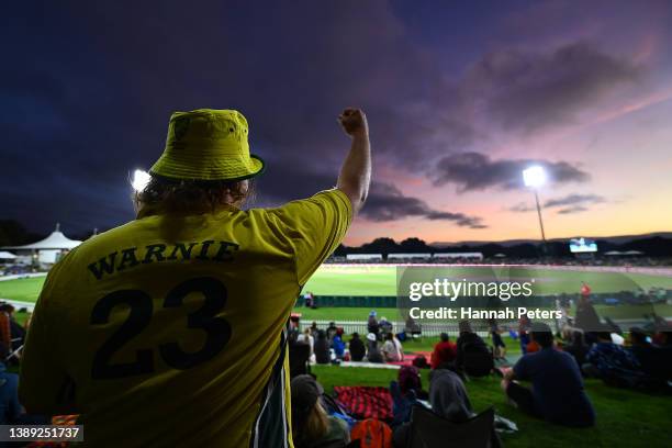 An Australia fan shows his support during the 2022 ICC Women's Cricket World Cup Final match between Australia and England at Hagley Oval on April...