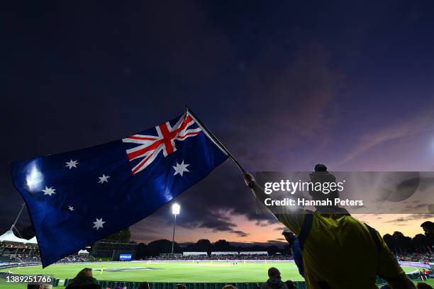 An Australia fan shows his support during the 2022 ICC Women's Cricket World Cup Final match between Australia and England at Hagley Oval on April...