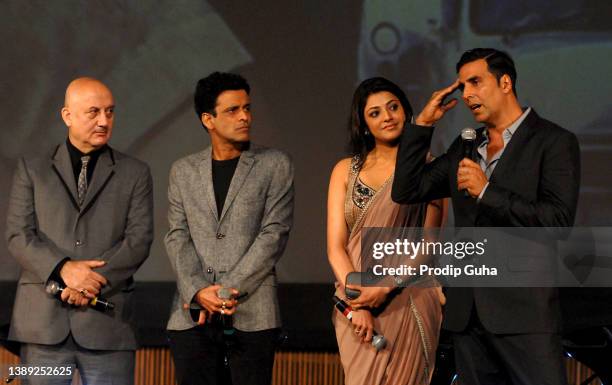 Anupam Kher,Manij Bajpai, Kajal Aggarwal and Akshay Kumar attend the Music Aalbum launch for the movie 'Special 26' on January 16, 2013 in Mumbai,...