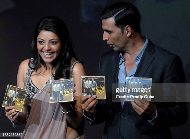Kajal Aggarwal and Akshay Kumar attend the Music Aalbum launch for the movie 'Special 26' on January 16, 2013 in Mumbai, India.