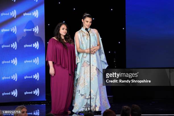 Jazz Jennings and Nicole Maines speak onstage during The 33rd Annual GLAAD Media Awards at The Beverly Hilton on April 02, 2022 in Beverly Hills,...
