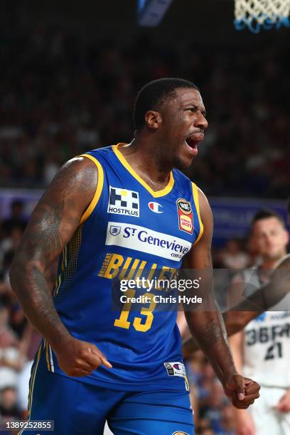 Lamar Patterson of the Bullets celebrates during the round 18 NBL match between Brisbane Bullets and Adelaide 36ers at Nissan Arena on April 03 in...