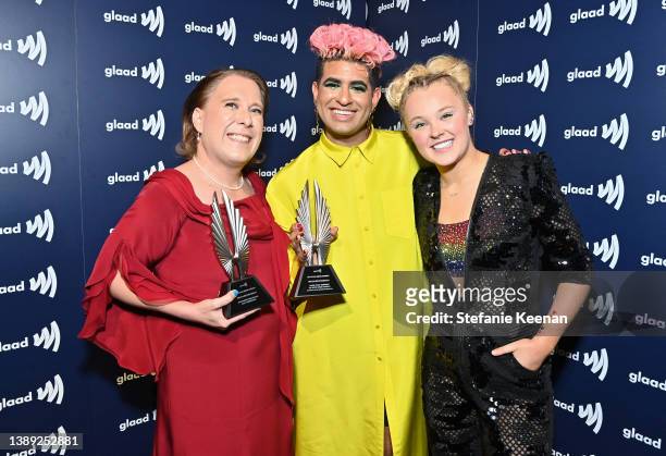Amy Schneider, ALOK and JoJo Siwa attend The 33rd Annual GLAAD Media Awards at The Beverly Hilton on April 02, 2022 in Beverly Hills, California.