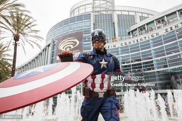 Cosplayer Nathan Seekerman as Captain America poses for photos at WonderCon 2022 Day 2 at Anaheim Convention Center on April 02, 2022 in Anaheim,...