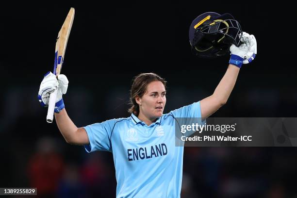 Natalie Sciver of England celebrates her century during the 2022 ICC Women's Cricket World Cup Final match between Australia and England at Hagley...