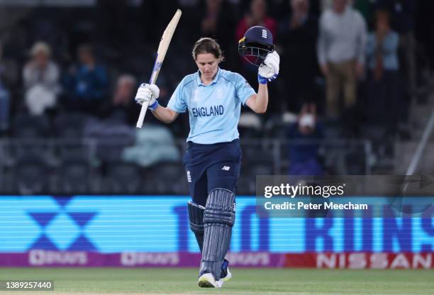 Natalie Sciver of England celebrates after scoring a century during the 2022 ICC Women's Cricket World Cup Final match between Australia and England...