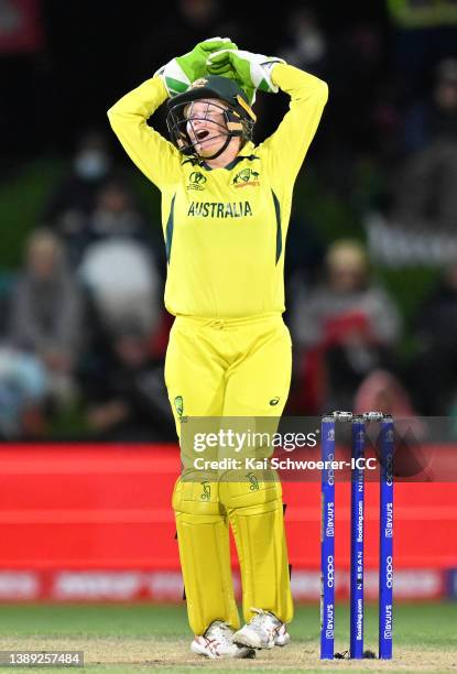 Alyssa Healy of Australia reacts during the 2022 ICC Women's Cricket World Cup Final match between Australia and England at Hagley Oval on April 03,...