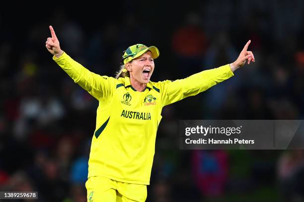 Australia captain Meg Lanning celebrates after Australia winning the 2022 ICC Women's Cricket World Cup Final match between Australia and England at...